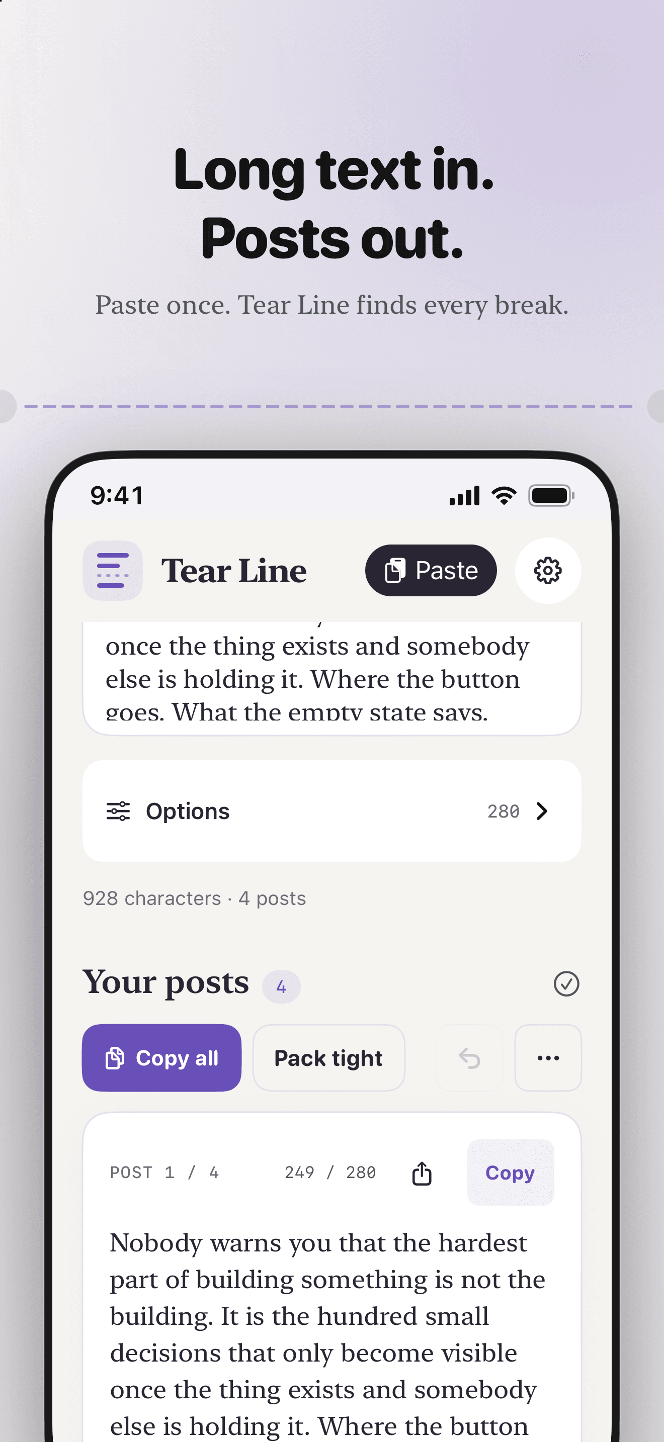 Tear Line showing source writing split into numbered posts with character counts